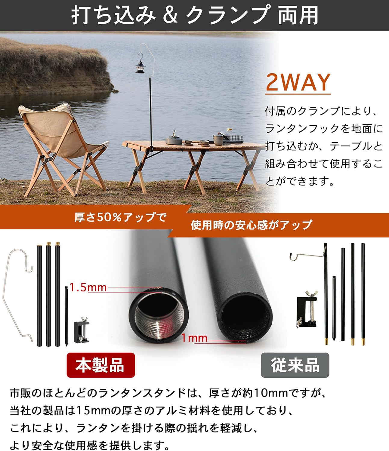 CHENGMAY ランタンスタンド ランタンポール 1.5mm極厚ポール 頑丈 打ち込み式 テーブル 2way 軽量 コンパクト 自立式 安定性強化 耐荷重2kg アウトドア キャンプ用品 収納ケース付き