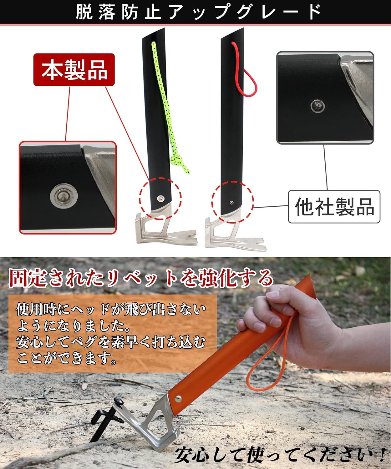 CHENGMAY ペグハンマー 軽量 キャンプ ハンマー アウトドア テント用 ペグ打ち/抜く 固定用リベット強化 夜光ロープ付 収納ケース付